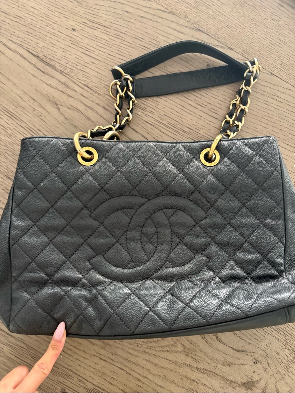 CHANEL Black Quilted Shoulder Tote with Gold Chain Handles